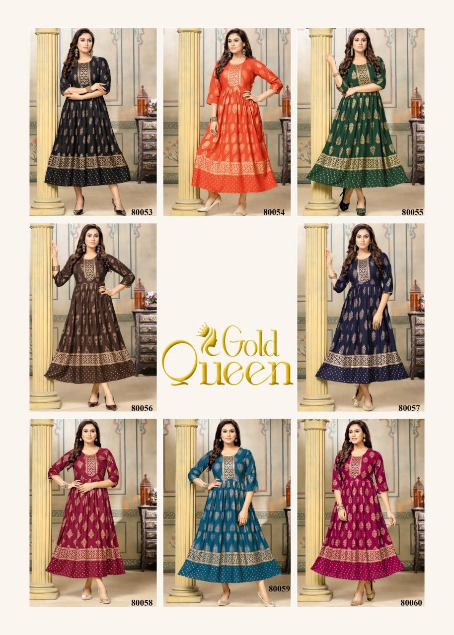 Mayra Gold Queen New Fancy Ethnic Wear Rayon Printed Long Anarkali Kurti Collection